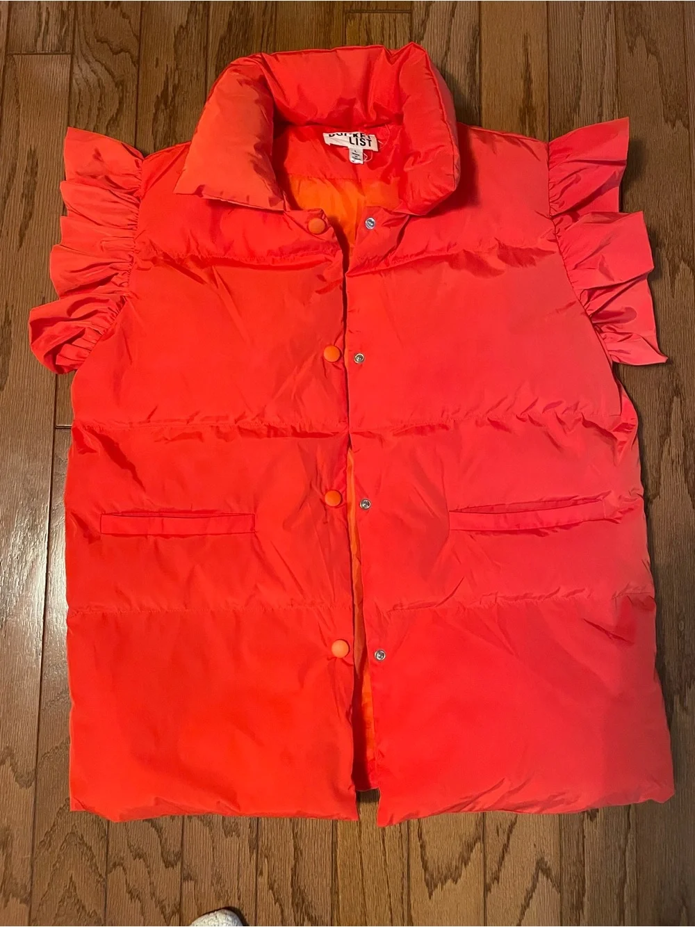 BUCKET LIST Orange Ruffle Puffer Vest - Size L - Picture 1 of 5